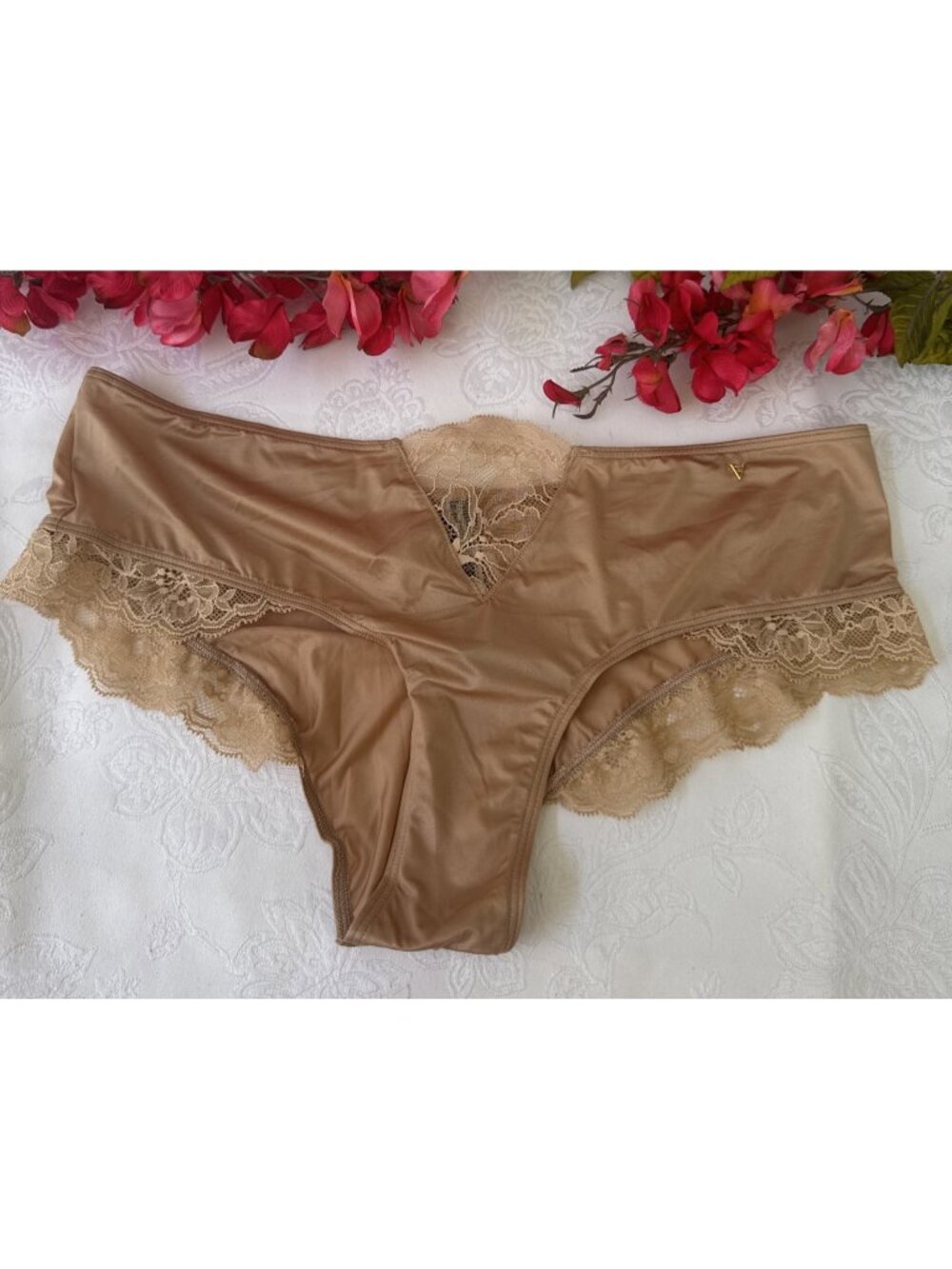 VICTORIA'S SECRET M DREAM ANGELS NUDE GOLD SILKY & LACE CHEEKY THONG PANTIES NWT